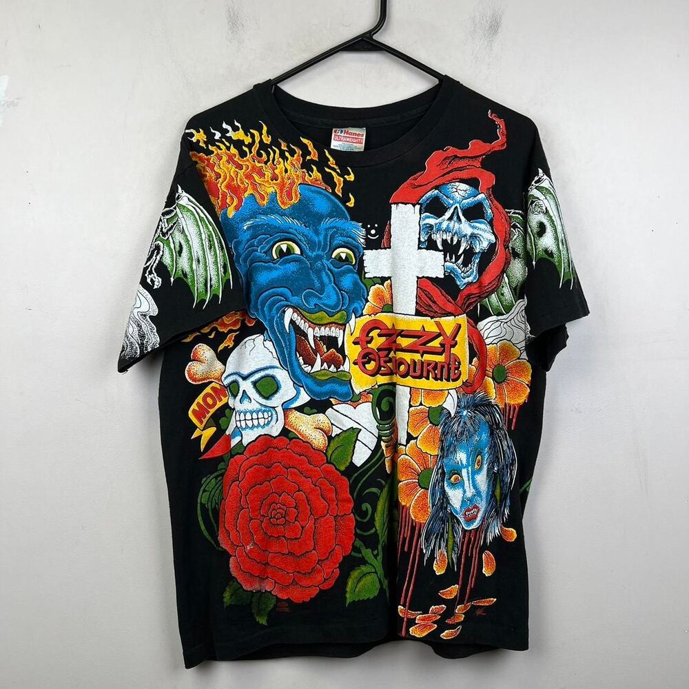 Vintage Ozzy Osbourne Tattoos All Over Print Concert Shirt 1992 Black Size L - Picture 1 of 8
